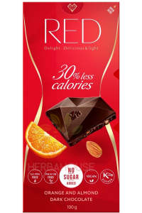 Obrázok pre Red Delight Horká čokoláda s pomarančovou kôrou, kúskami mandlí a sladidlom (100g)