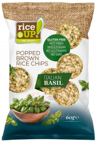 Obrázok pre RiceUP! Bezlepkové celozrnné ryžové chipsy z hnedej ryže s talianskou bazalkou (60g)