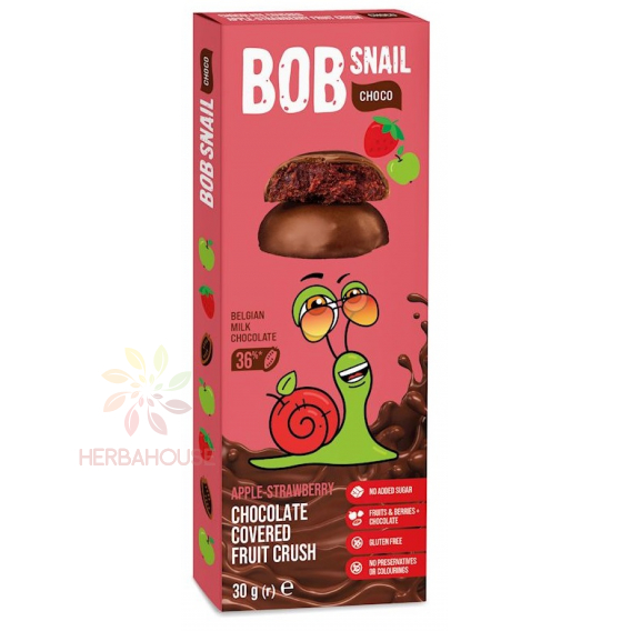 Obrázok pre Bob Snail Choco Ovocná pochúťka v čokoláde bez pridaného cukru - jablko, jahoda (30g)