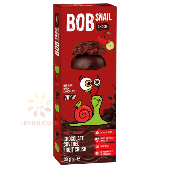 Obrázok pre Bob Snail Choco Ovocná pochúťka v čokoláde bez pridaného cukru - jablko, čerešňa (30g)