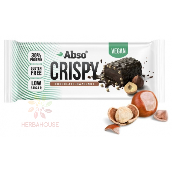 Obrázok pre Abso Vegan Crispy Bezlepková proteinová tyčinka máčaná v horkej čokoláde so sladidlami - čokoláda a lieskové oriešky (50g)