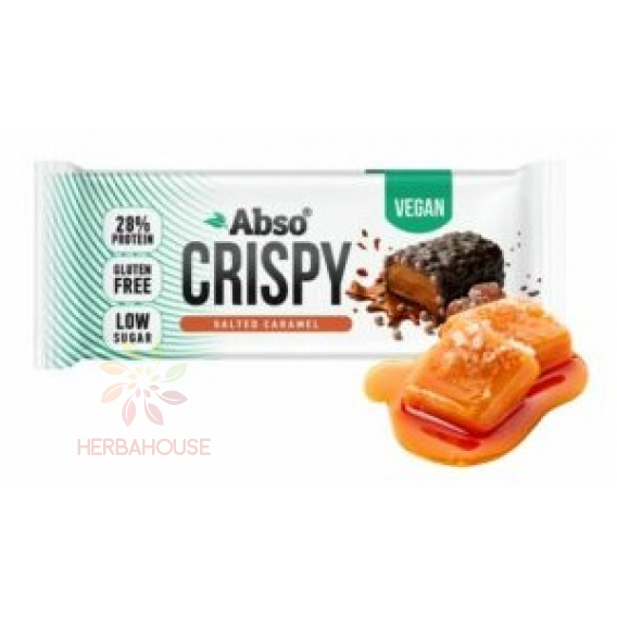 Obrázok pre Abso Vegan Crispy Bezlepková proteinová tyčinka máčaná v horkej čokoláde so sladidlami - slaný karamel (50g)