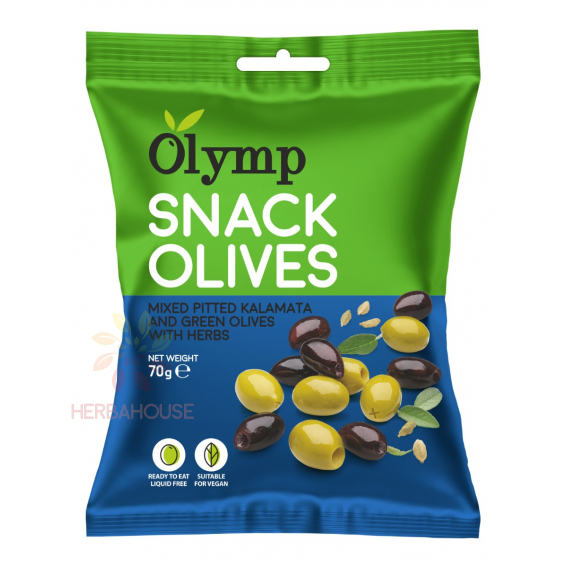 Obrázok pre Olymp Snack Olives Mix Kalamata tmavé a zelené olivy bez kôstky s bylinkami (70g)