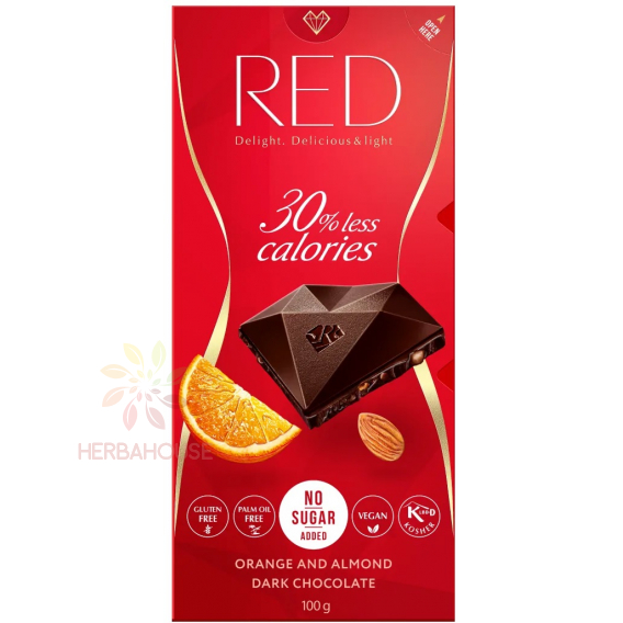 Obrázok pre Red Delight Horká čokoláda s pomarančovou kôrou, kúskami mandlí a sladidlom (100g)