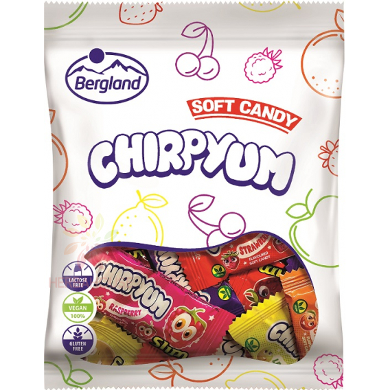 Obrázok pre Bergland Soft candy chirpyum karamelky s príchuťou miešaného ovocia a koly (80g)