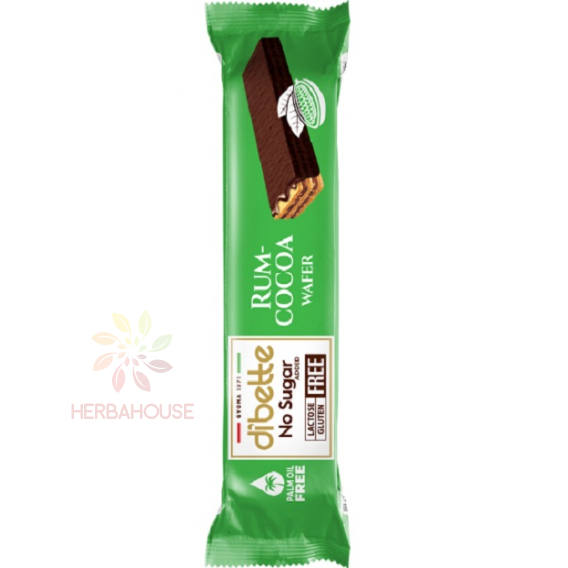 Obrázok pre Dibette NAS Bezlepková oblátka plnená kakaovým krémom s rumovou príchuťou v tmavej čokoláde so sladidlom (26g)