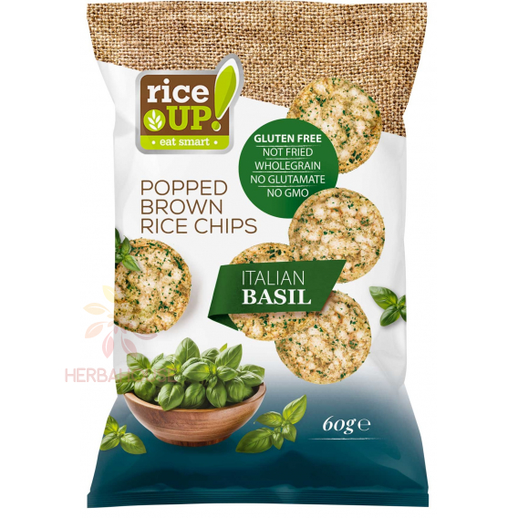 Obrázok pre RiceUP! Bezlepkové celozrnné ryžové chipsy z hnedej ryže s talianskou bazalkou (60g)