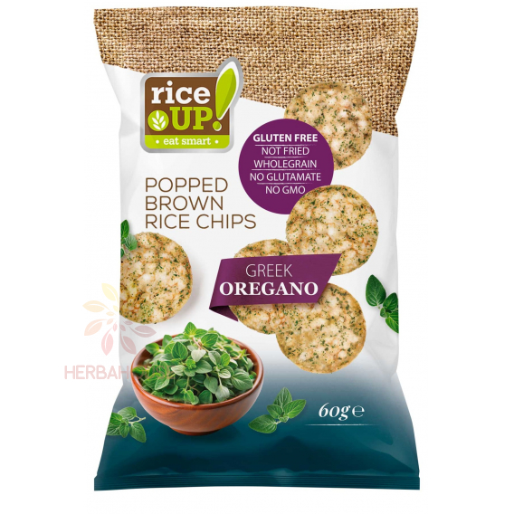 Obrázok pre RiceUP! Bezlepkové celozrnné ryžové chipsy z hnedej ryže s gréckym oreganom (60g)