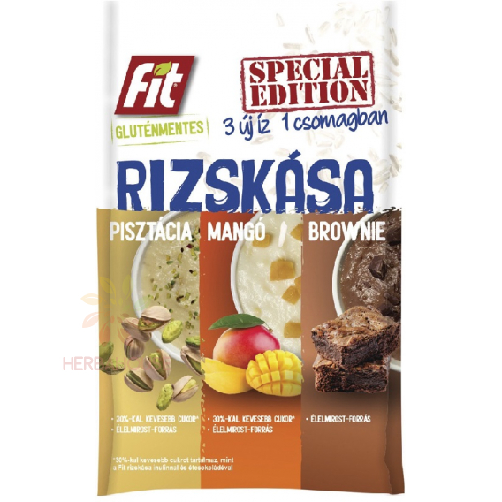 Obrázok pre Fit Special Edition Bezlepková Ryžová kaša v 3 príchuťiach - pistácie mango a brownies (3 x 60g)