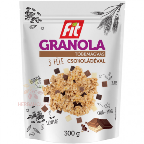 Obrázok pre Fit Granola viaczrnná s 3 druhmi čokolády, chia a quinoou bez pridaného cukru (300g)