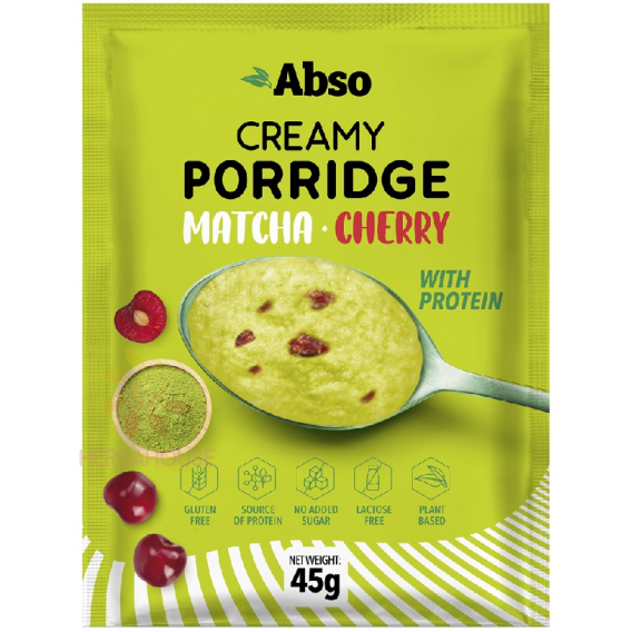 Obrázok pre Abso Bezlepková, bezlaktózová krémová ryžová kaša matcha – višňa bez pridaného cukru (45g)