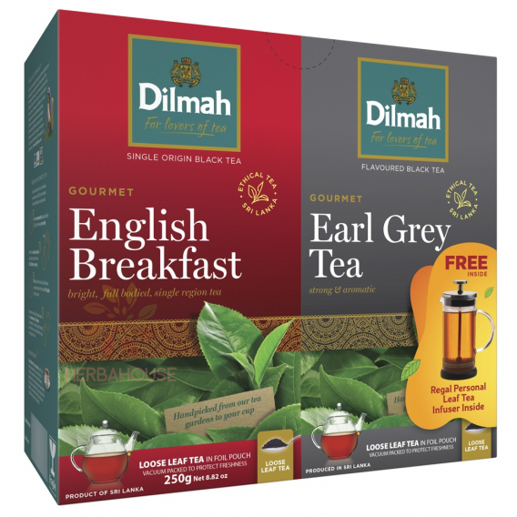 Obrázok pre Dilmah Sypané čaje English Breakfast + Earl Grey darčekový set s kanvicou (250g)