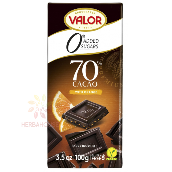 Obrázok pre Valor Bezlepková Horká čokoláda 70% s pomarančom bez pridaného cukru (100g)