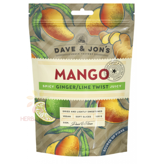 Obrázok pre Dave & Jon's Mango sušené kandizované plátky so zázvorom a limetkovou šťavou (100g)  