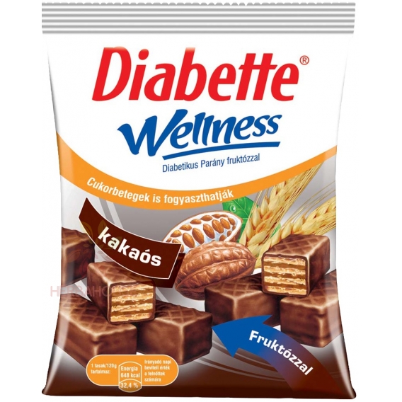 Obrázok pre Diabette Wellness oblátky s fruktózou plnené kakaovým krémom, máčané v horkej čokoládovej poleve (120g)