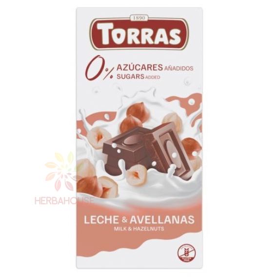 Obrázok pre Torras Bezlepková mliečna čokoláda s lieskovými orechmi bez pridaného cukru (75g)