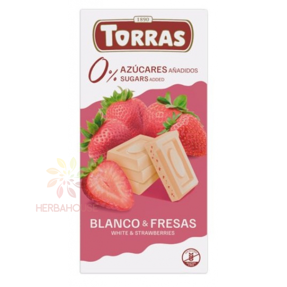Obrázok pre Torras Bezlepková biela čokoláda s jahodou bez pridaného cukru (75g)