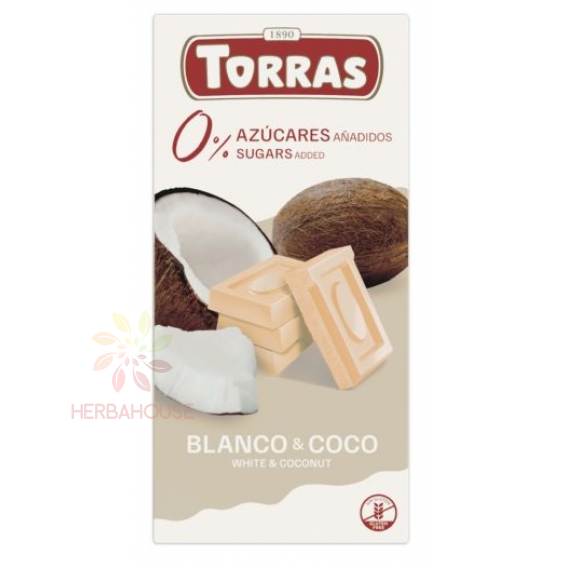 Obrázok pre Torras Bezlepková biela čokoláda s kokosom bez pridaného cukru (75g)