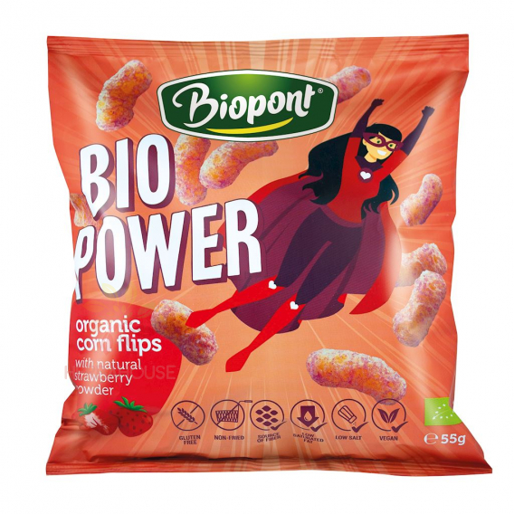 Obrázok pre Biopont Bio Power Bezlepkové kukuričné chrumky s jahodovým práškom (55g)