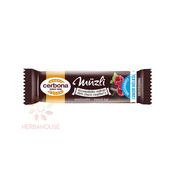 Obrázok pre Cerbona Müsli tyčinka čokoláda a malina polomáčaná v horkej čokoláde bez pridaného cukru (20g)